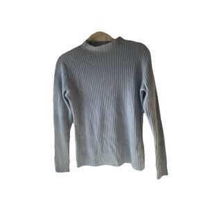 100% Cashmere Mock Neck Sweater Periwinkle Blue Ribbed M Seamless Raw Edge